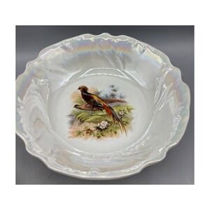 Vintage Bavaria Lusterware Pheasant Porcelain Bowl Iridescent Scalloped 8.5"